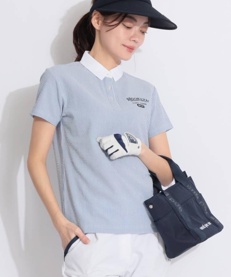 BE サッカーストライプクレリック半袖ポロシャツ