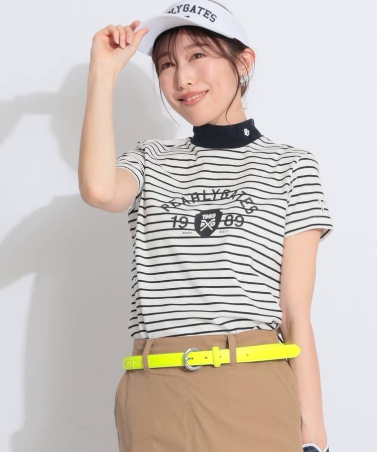 PG ボーダー柄アーチロゴモックネック半袖カットソー