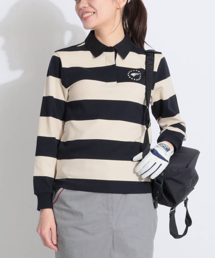 BE 【ストレッチ】ワイドボーダー長袖ポロシャツ