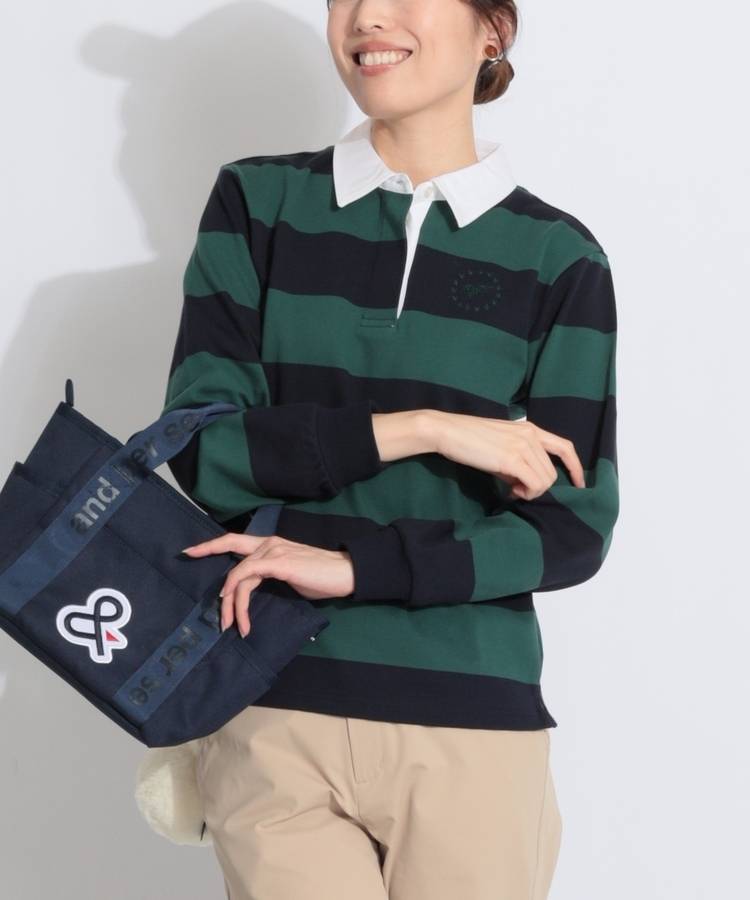 BE 【ストレッチ】ワイドボーダー長袖ポロシャツ