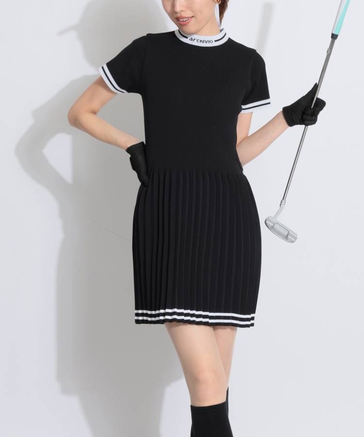AR プリーツ切替リブニット半袖ワンピース