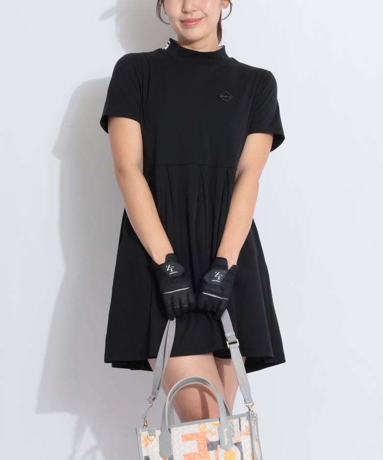 BR プリーツ切替モックネック半袖ワンピース