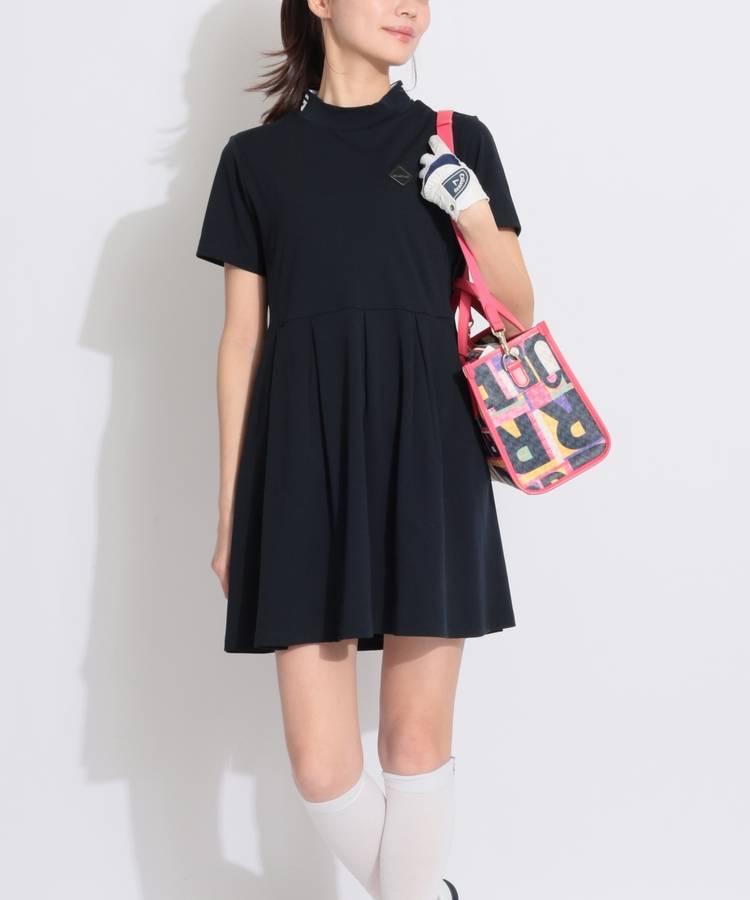 BR プリーツ切替モックネック半袖ワンピース