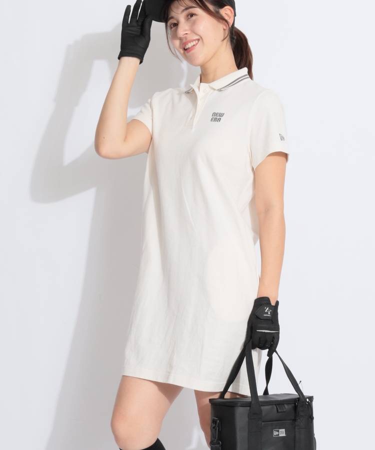 NE 【抗菌UV】リブライン半袖ポロワンピース(アイボリー)