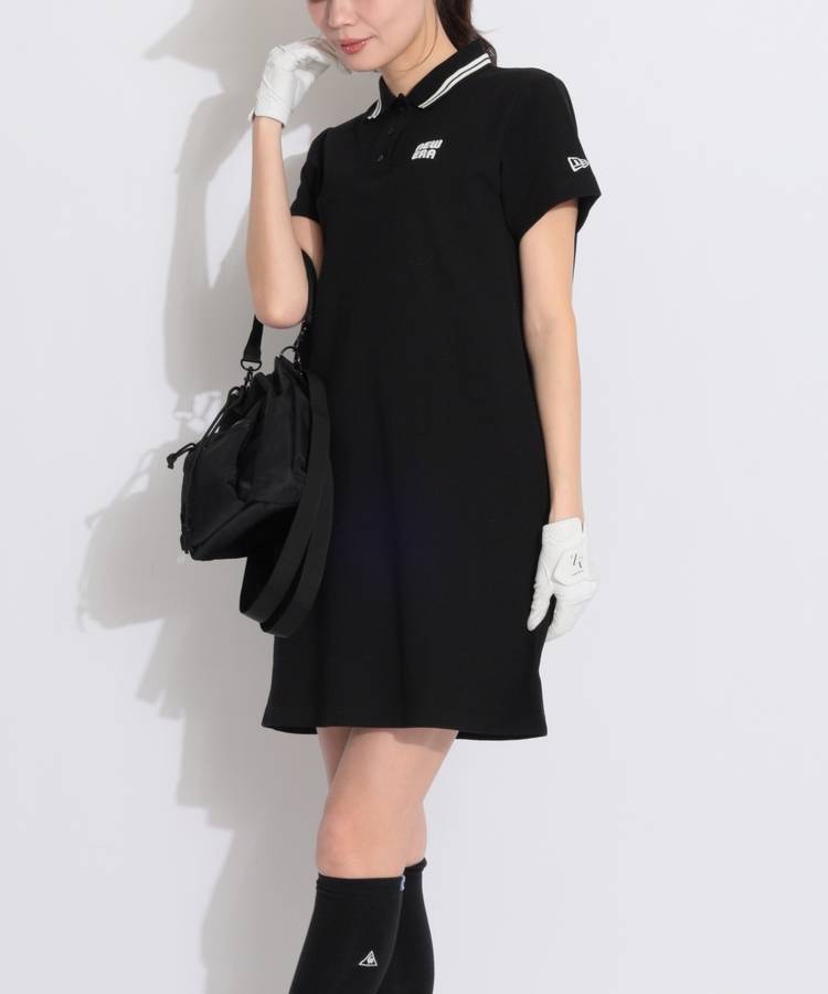 NE 【抗菌UV】リブライン半袖ポロワンピース(ブラック)
