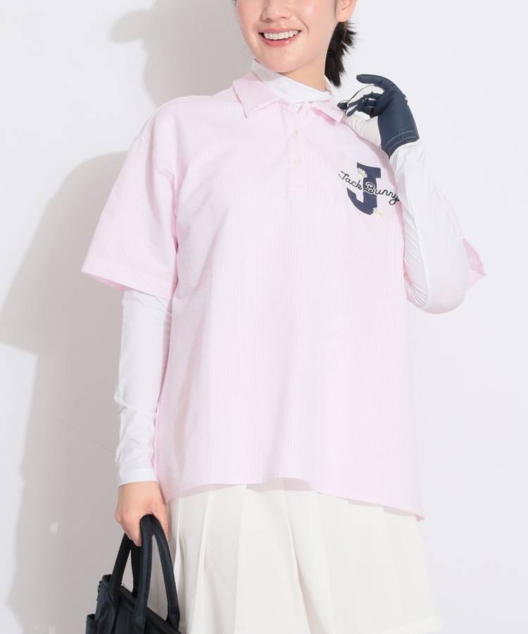 JB 【UV】ストライプサッカー半袖ワイドポロシャツ