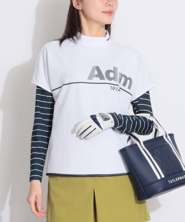 AM 【吸水速乾】ビッグロゴラインモックネック半袖カットソー