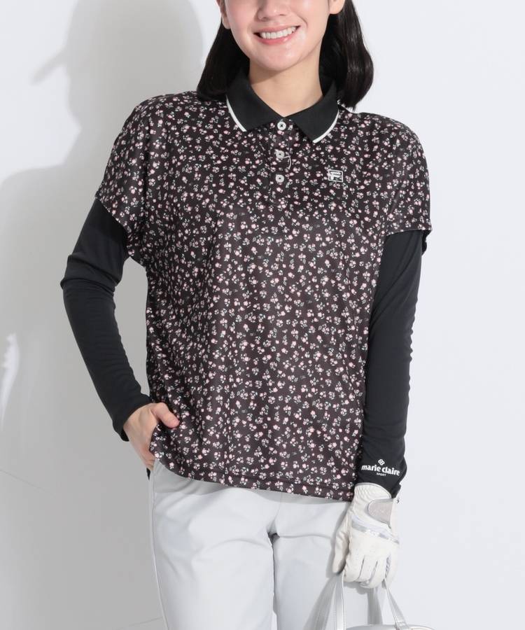 FG レトロフラワー柄フレンチスリーブポロシャツ