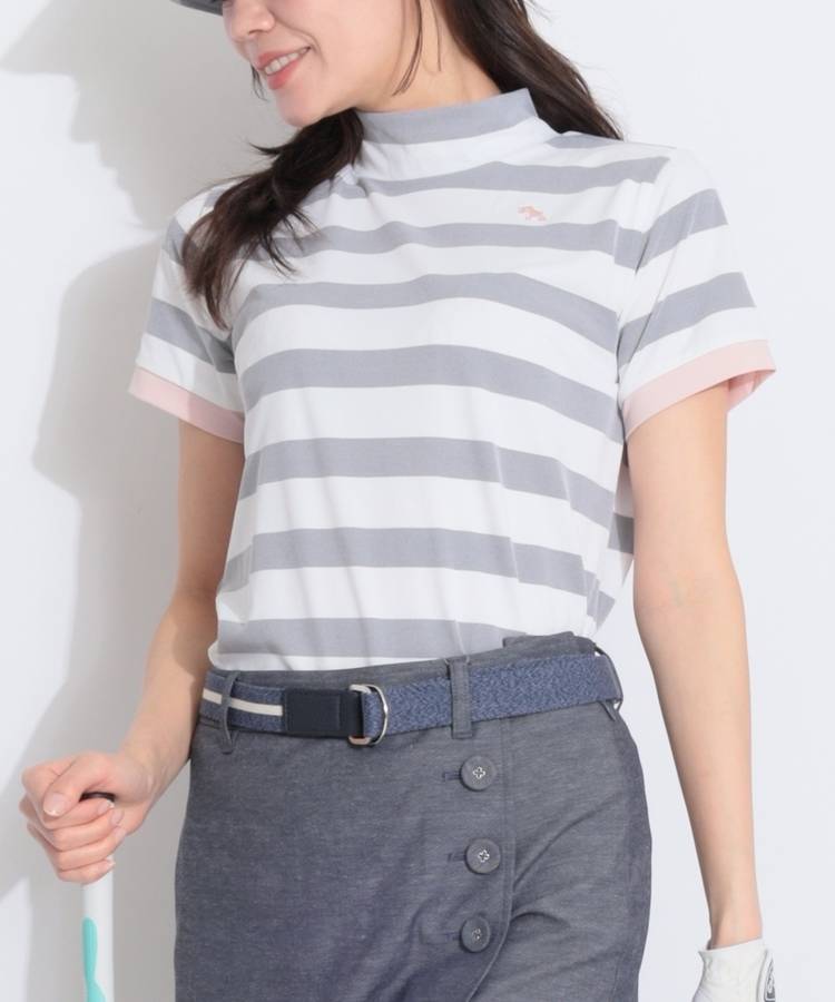 HK 【吸水速乾UV】ボーダー柄モックネック半袖カットソー