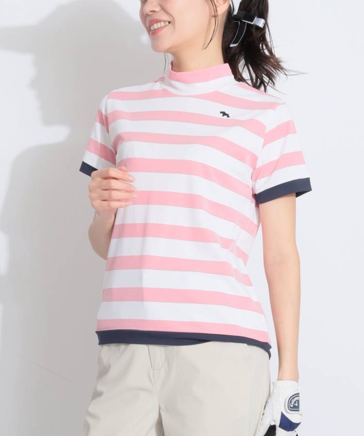 HK 【吸水速乾UV】ボーダー柄モックネック半袖カットソー