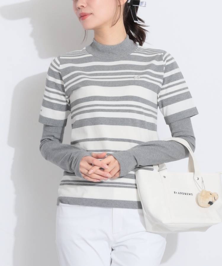 HK アームカバー付ランダムボーダー半袖ポロニット