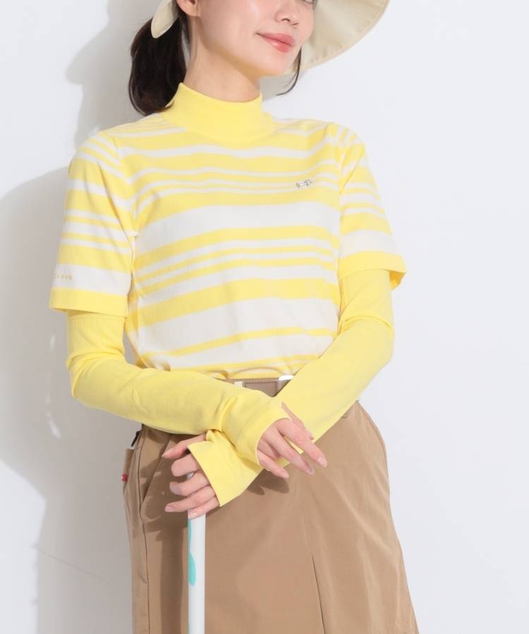 HK アームカバー付ランダムボーダー半袖ポロニット