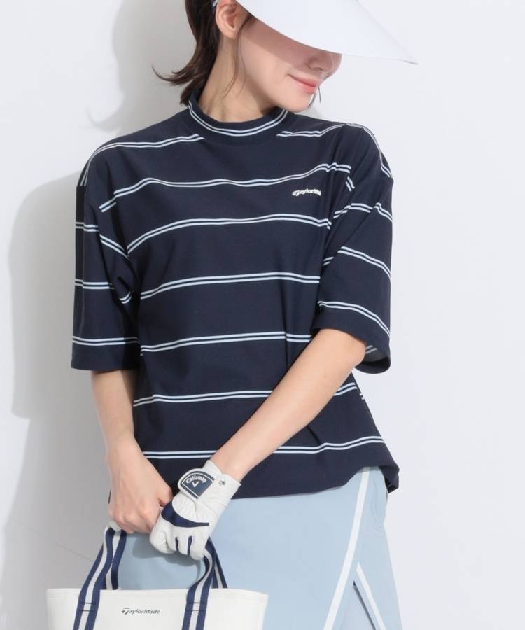TG 【吸汗速乾UV】ボーダーモックネック半袖カットソー