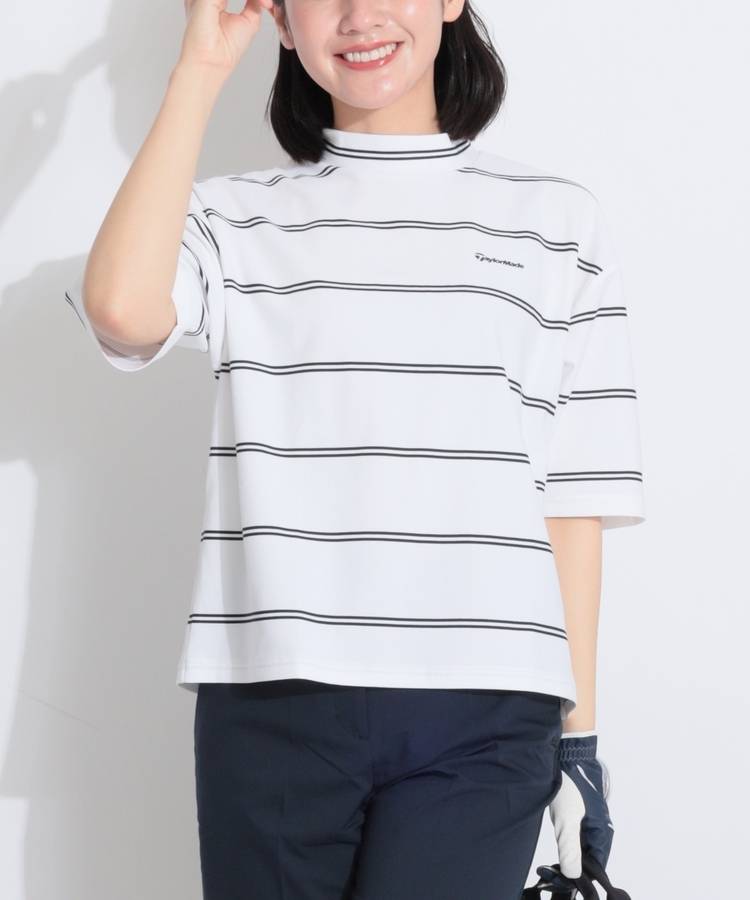 TG 【吸汗速乾UV】ボーダーモックネック半袖カットソー
