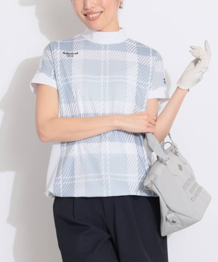 AM 【吸水速乾UV】チェック柄モックネック半袖カットソー