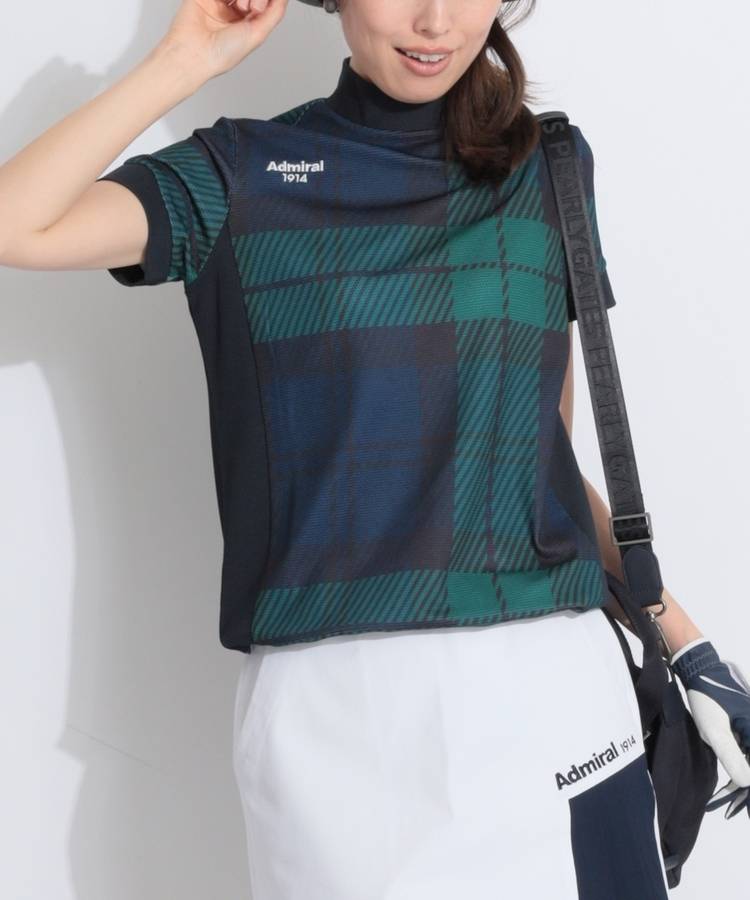 AM 【吸水速乾UV】チェック柄モックネック半袖カットソー