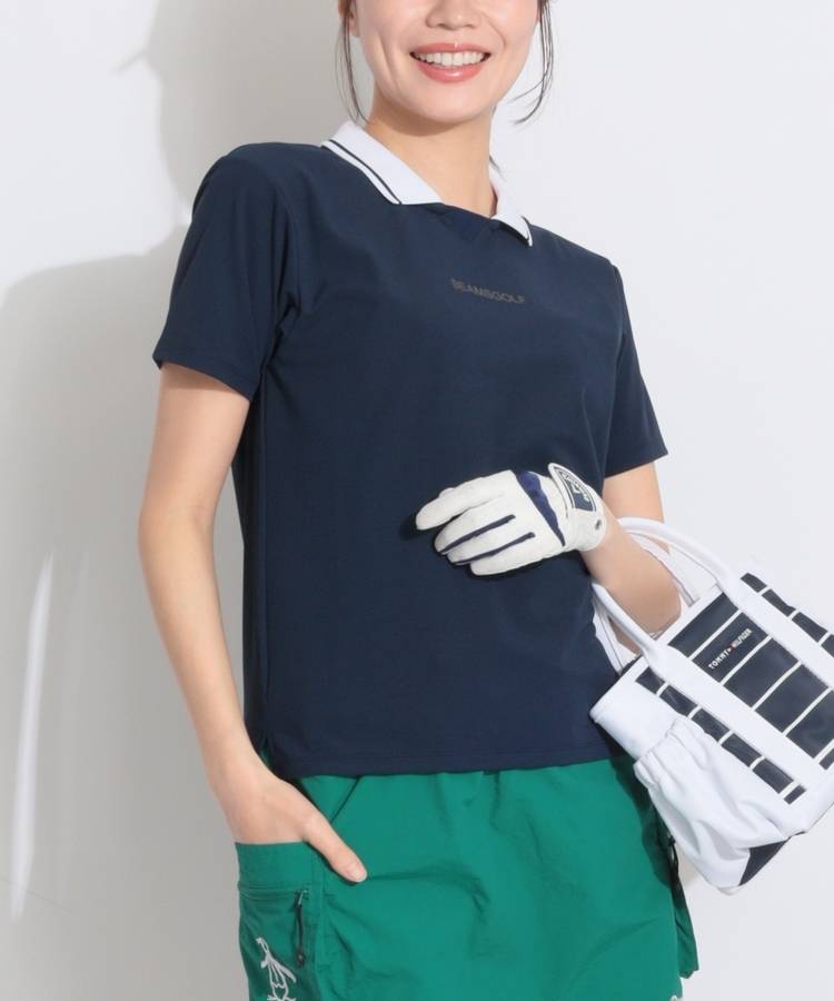 BE 【ストレッチUV】バックサークルロゴ衿付き半袖カットソー