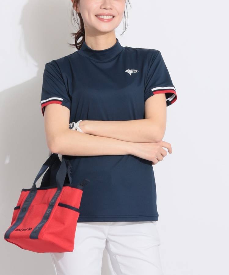 BE 【吸水速乾UV】バックプリントモックネック半袖カットソー