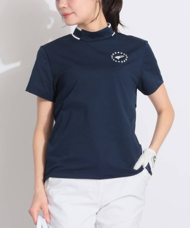 BE サークルロゴ裾ドロストモックネック半袖カットソー