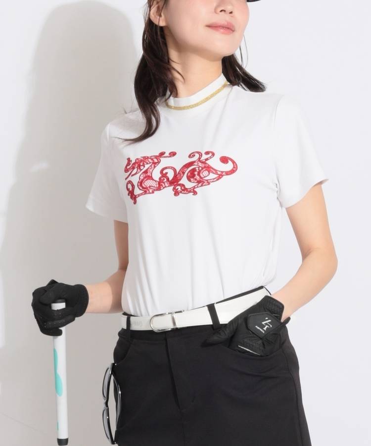 DD レースロゴラメライン半袖モックネックカットソー