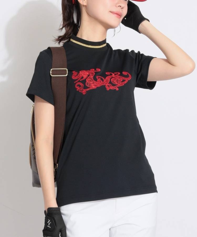 DD レースロゴラメライン半袖モックネックカットソー