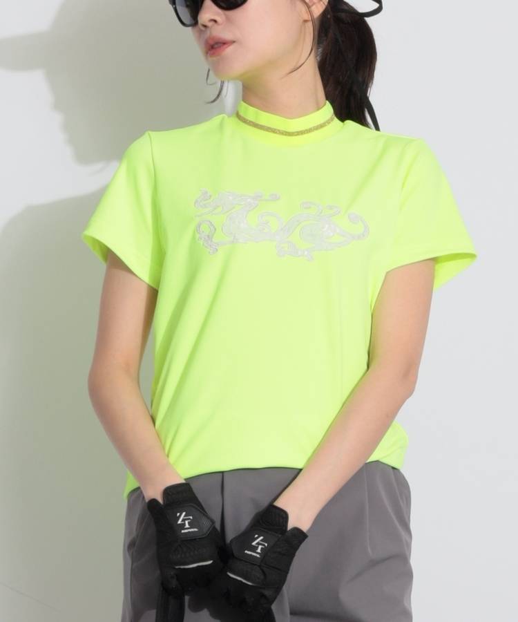 DD レースロゴラメライン半袖モックネックカットソー