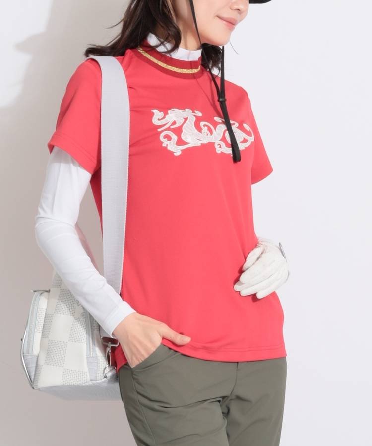 DD レースロゴラメライン半袖モックネックカットソー