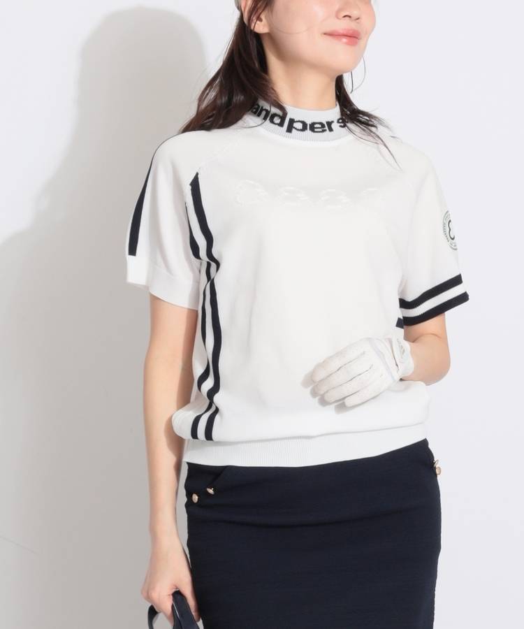 AP 【抗菌防臭】ライン切替ジャガードロゴネック半袖ニット