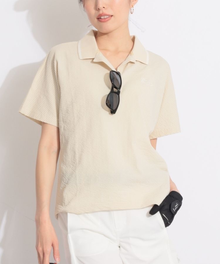 【吸汗速乾UV】スキッパーサッカー半袖ポロシャツ(ベージュ)