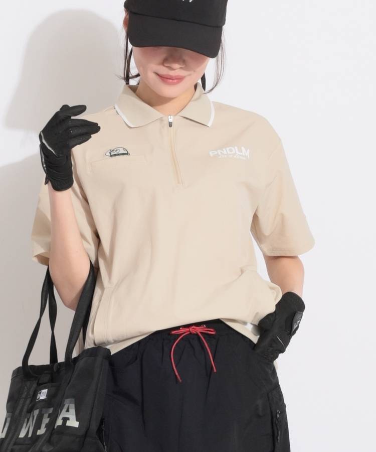 PD 【ユニセックス】ハーフジップバックサークルロゴ半袖ポロシャツ