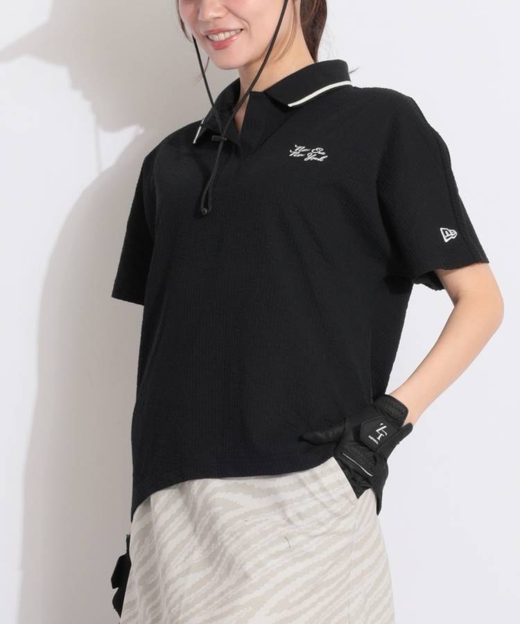 NE 【吸汗速乾UV】スキッパーサッカー半袖ポロシャツ(ブラック)