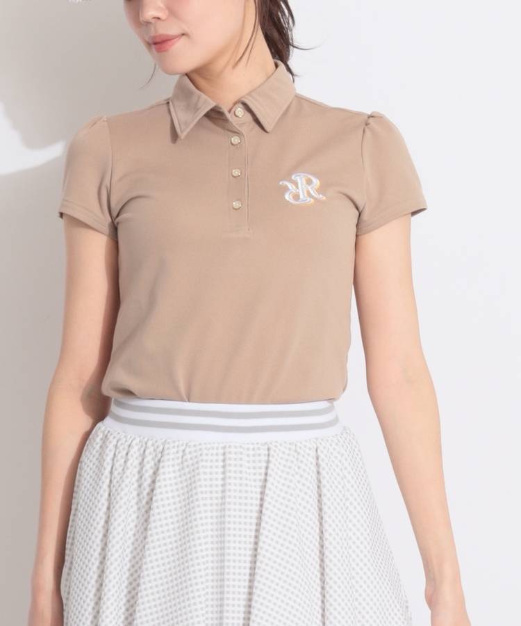 RR 【ストレッチ】立体風ロゴ刺繍パフスリーブポロシャツ