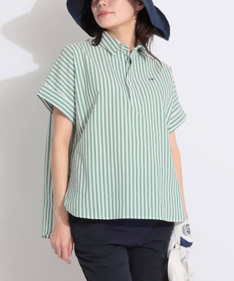 HK 【吸水速乾】サッカーストライプ柄ビッグ半袖ポロシャツ