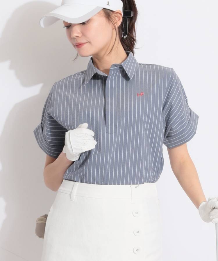 HK 【吸水速乾】サッカーストライプ柄ビッグ半袖ポロシャツ