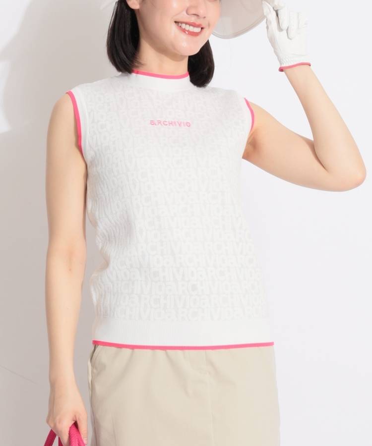 AR バックリボンジャガードロゴノースリーブニット