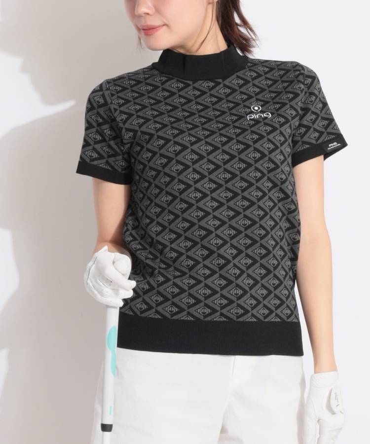 PN モノグラムジャガード半袖モックネックニット