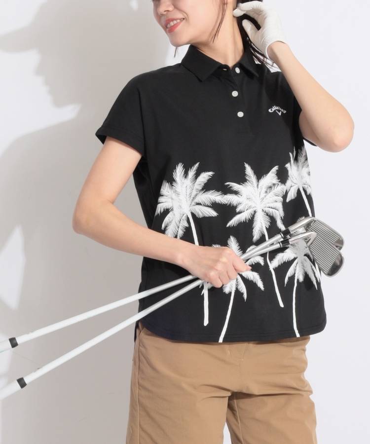CA 【ストレッチ】ヤシの木プリントフレンチスリーブポロシャツ