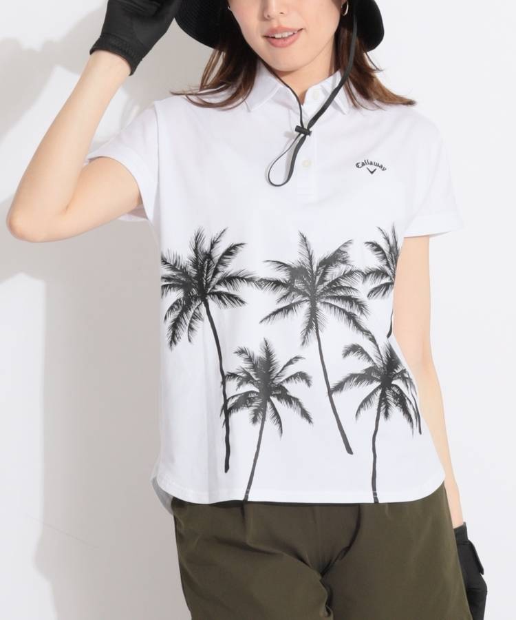 CA 【ストレッチ】ヤシの木プリントフレンチスリーブポロシャツ