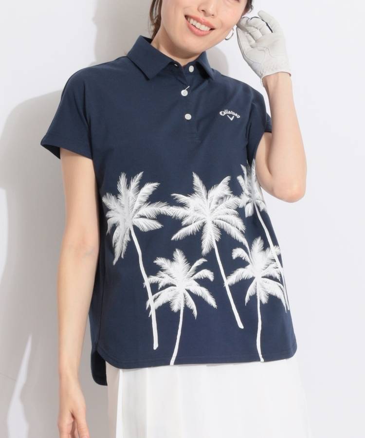 CA 【ストレッチ】ヤシの木プリントフレンチスリーブポロシャツ