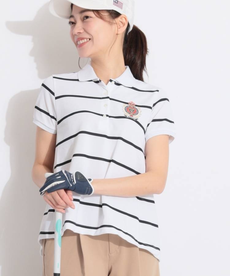 PG バックタックプリーツ切替ボーダー半袖ポロシャツ