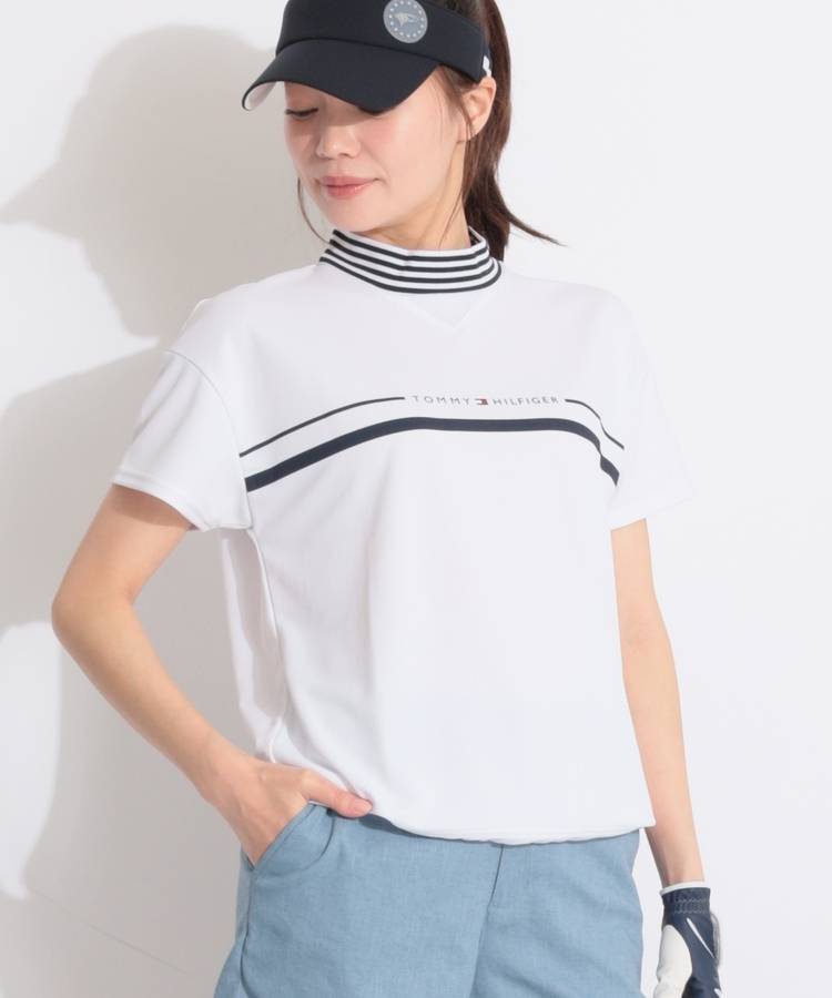 TH 【接触冷感UV】ドローコード付ボーダー切替半袖カットソー