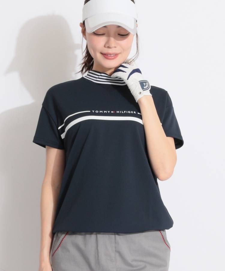 TH 【接触冷感UV】ドローコード付ボーダー切替半袖カットソー