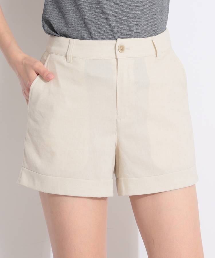 BE 【ストレッチ】ロールアップ風リネンライクショートパンツ