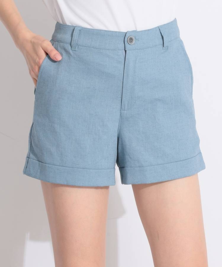BE 【ストレッチ】ロールアップ風リネンライクショートパンツ