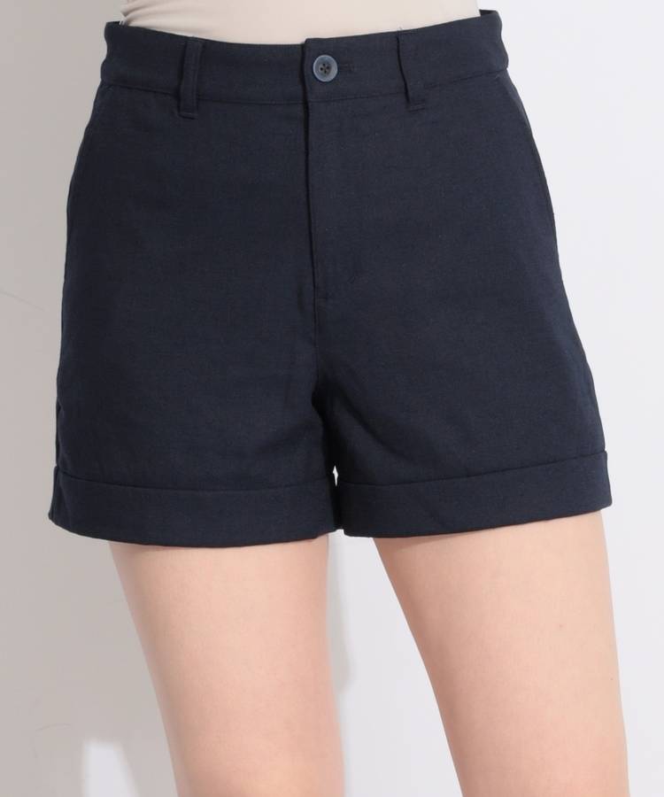 BE 【ストレッチ】ロールアップ風リネンライクショートパンツ