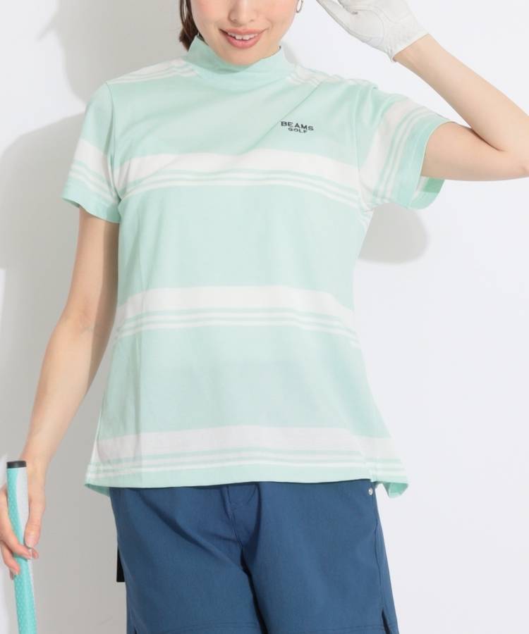 BE 【接触冷感UV】ボーダー柄バックタック半袖カットソー
