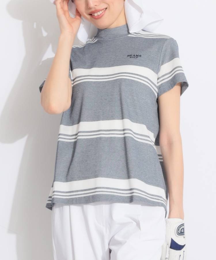 BE 【接触冷感UV】ボーダー柄バックタック半袖カットソー