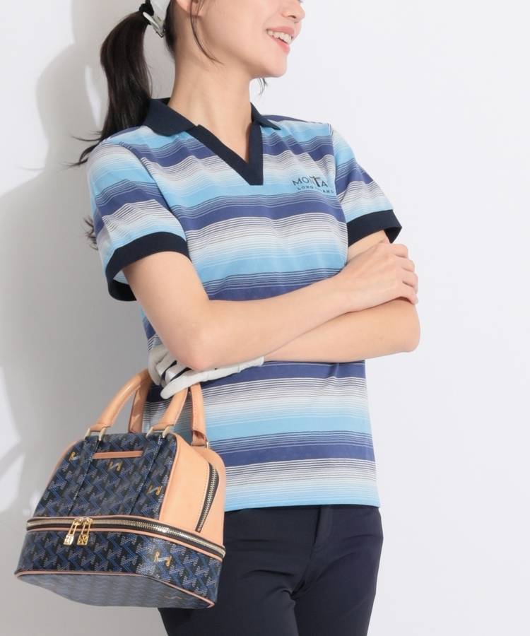 BE グラデーションボーダー柄スキッパー半袖ポロシャツ