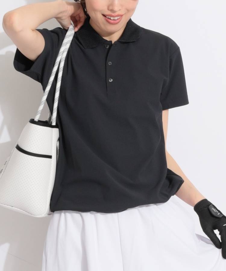BE 【B.C.THREE】透かし衿裾ドロスト半袖ポロシャツ