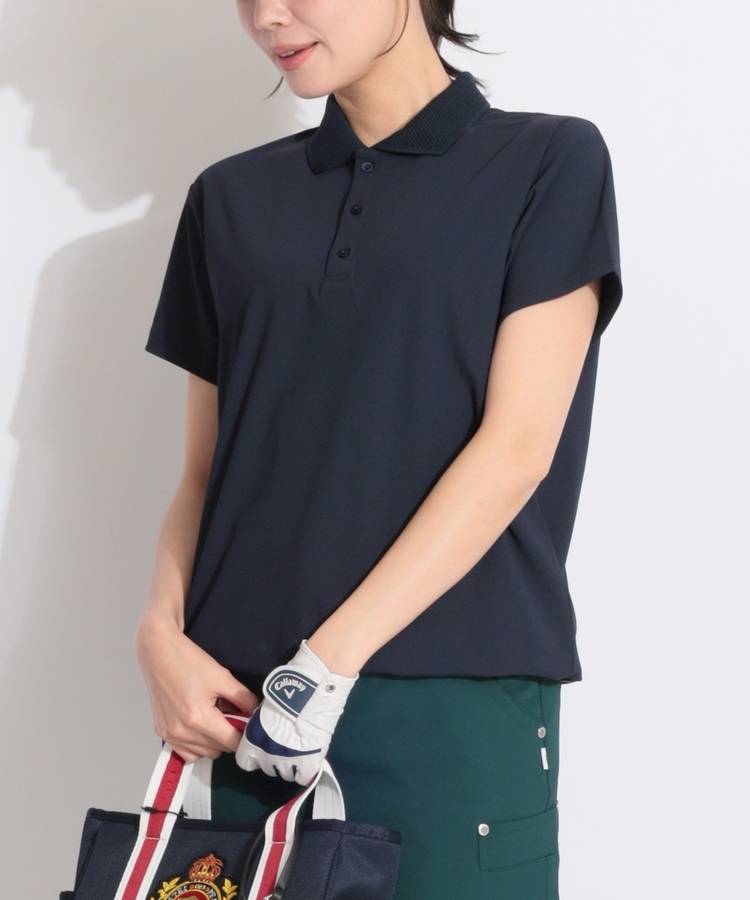 BE 【B.C.THREE】透かし衿裾ドロスト半袖ポロシャツ